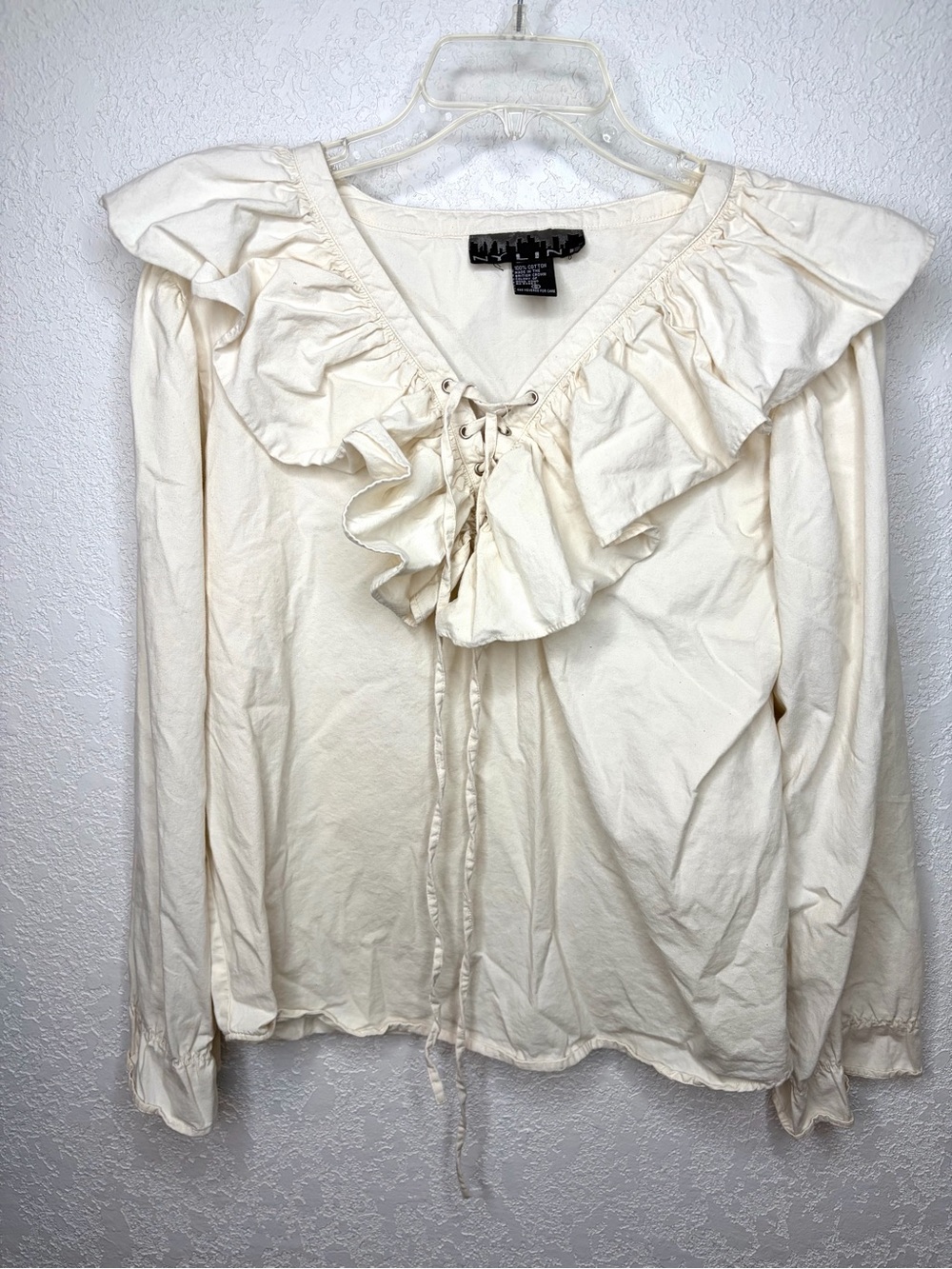 Vintage NY Line Ruffle Neck Lace Up 100% Cotton Ivory Y2K Boho Women’s Sz Small